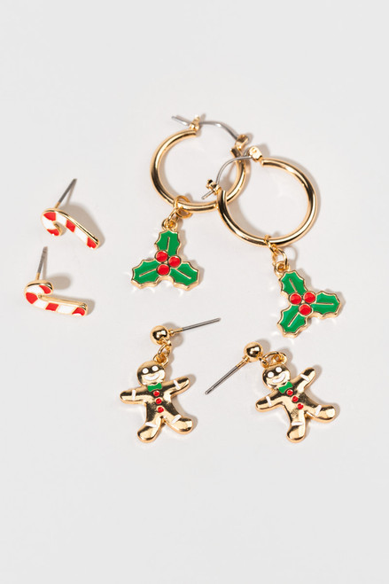 Noelle Candy Cane Gingerbread Man Holly Earring Set