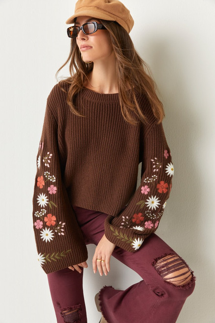 Alicia Floral Embroidered Sleeves Pullover Sweater