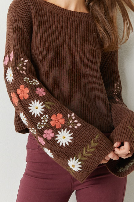 Alicia Floral Embroidered Sleeves Pullover Sweater