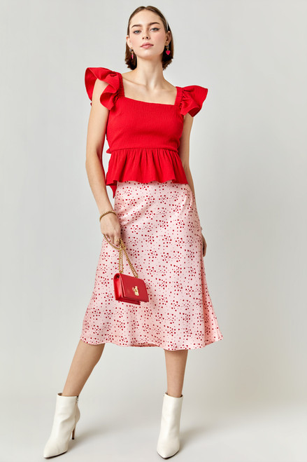 Sandey Satin Heart Print Midi Skirt