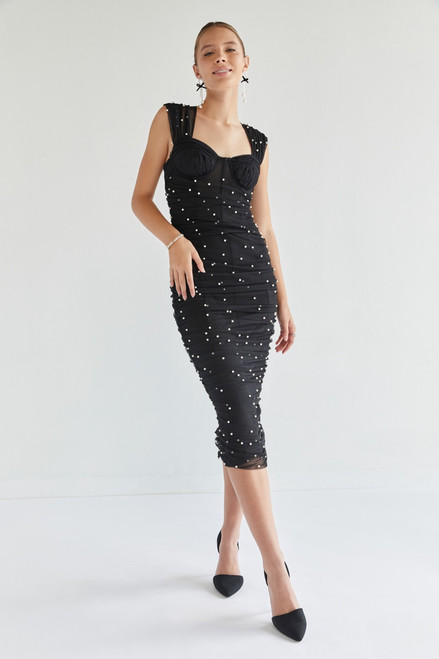 Kathy Rouched Pearl Embellished Midi Dress