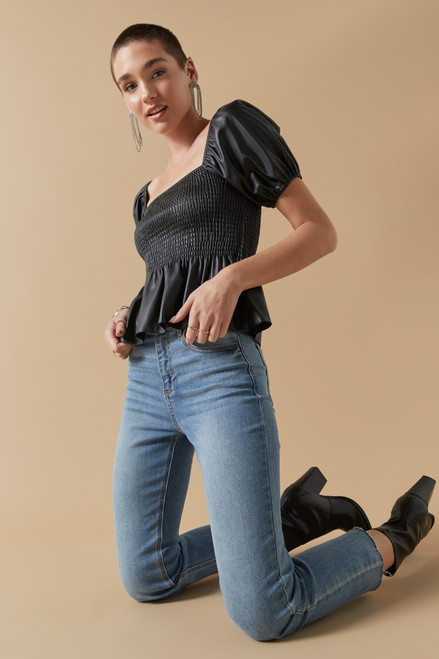 Tonya Solid Leather Puff Sleeve Blouse