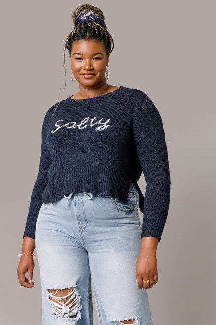 Salty Contrast Stitch Pullover Navy Sweater