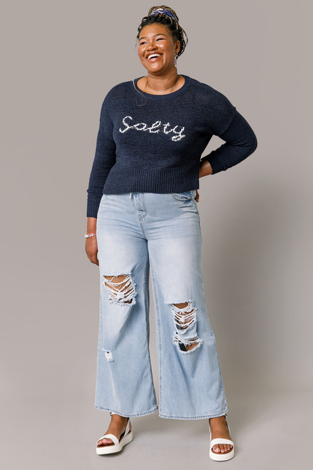 Salty Contrast Stitch Pullover Navy Sweater