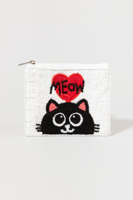 Meow Cat Heart Beaded Pouch