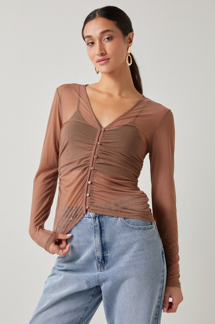 Vicky Button Down Cinched Mesh Top