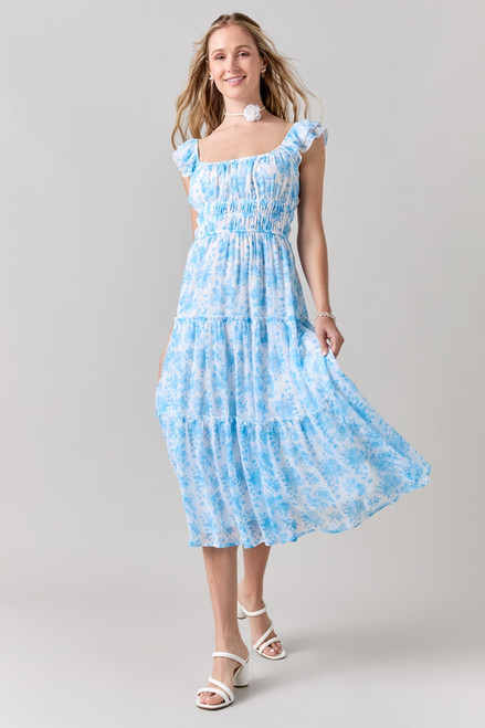 Pat Ruffle Sleeve Floral Midi Dress