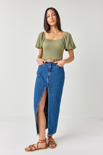 Dena Front Slit Denim Maxi Skirt