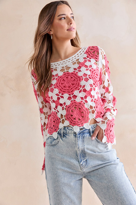 Meredith Open Crochet Floral Pullover