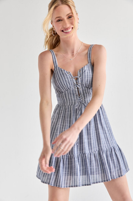 Janie Grommet Tie Up Striped Mini Dress