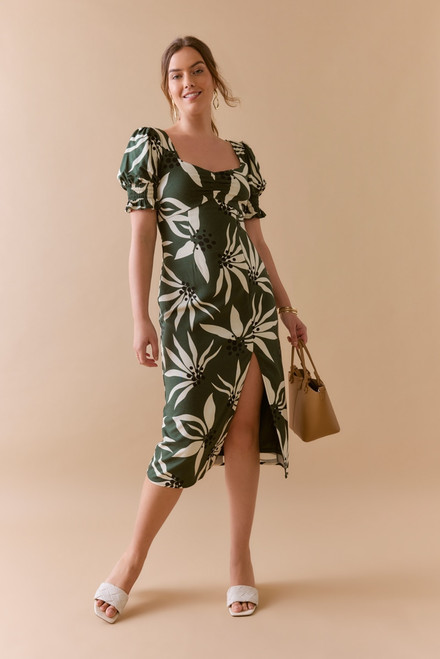 Adella Sweetheart Palm Print Midi Dress