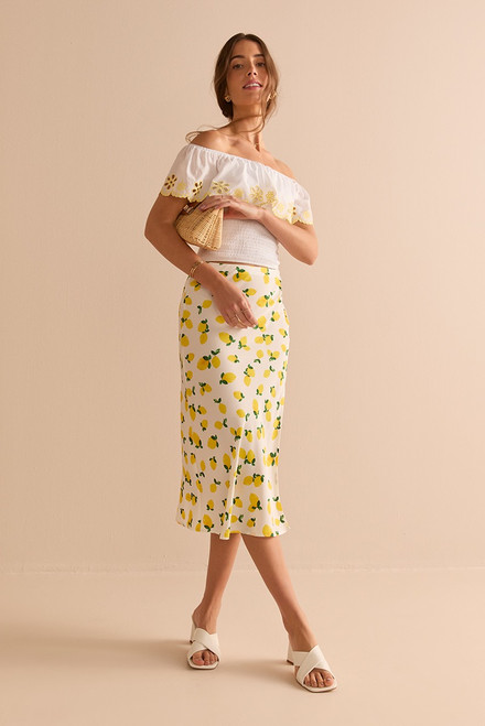 Nancy Lemon Print Fitted Midi Skirt