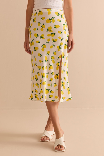 Nancy Lemon Print Fitted Midi Skirt