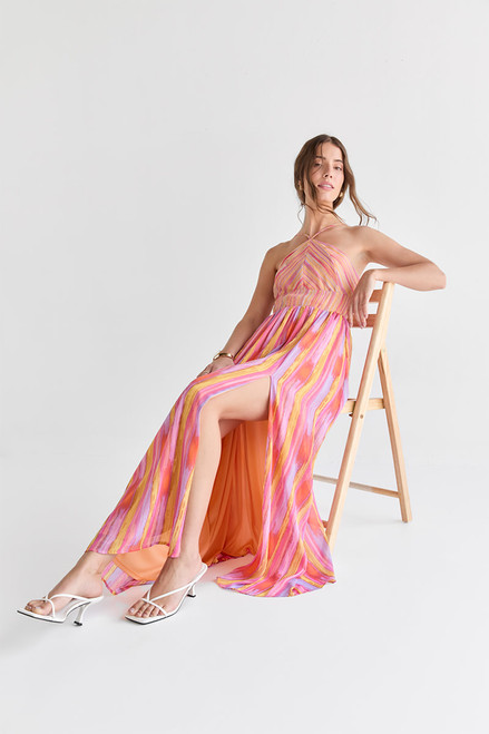 Kayla Halter Striped Slit Maxi Dress