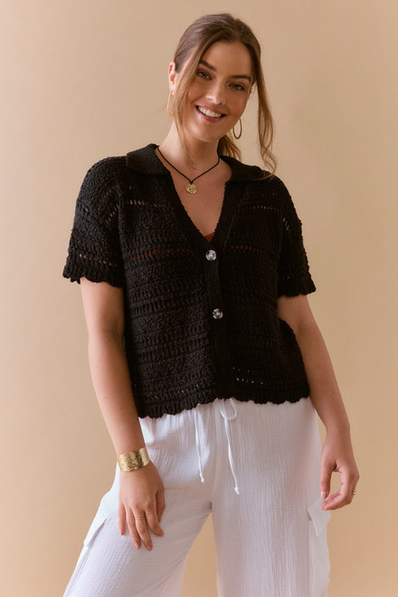 Joni Crochet Collared Button Front Sweater Tee