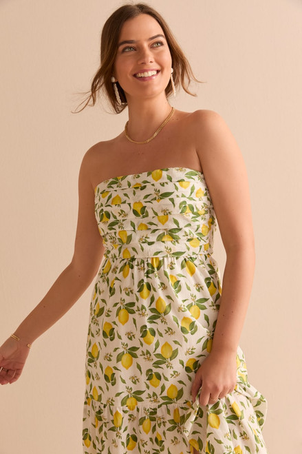 Tonia Strapless Lemon Print Midi Dress