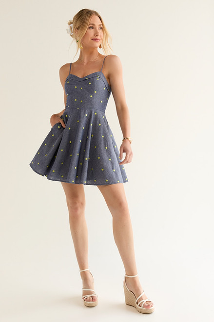 Leanne Denim Lemon Pattern Mini Dress