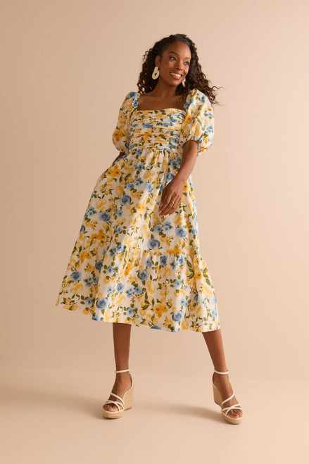Kasey Pleated Upper Lemon Print Midi Dress