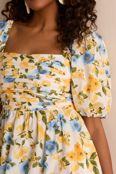 Kasey Pleated Upper Lemon Print Midi Dress