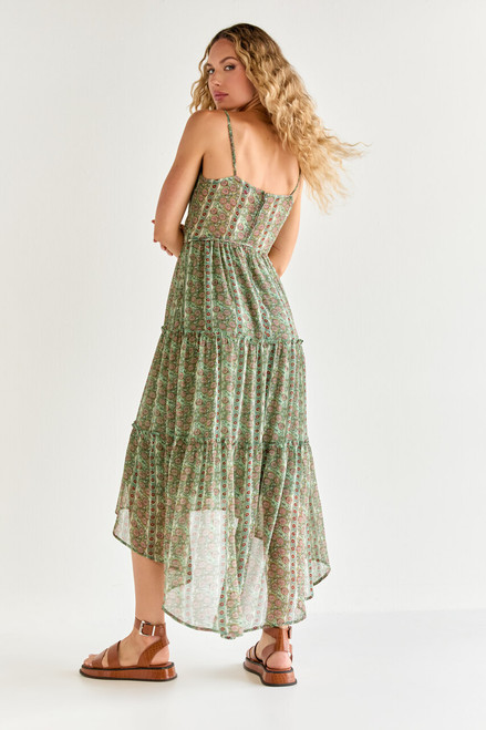 Victoria Tribal Print Wavy Tiered Midi Dress