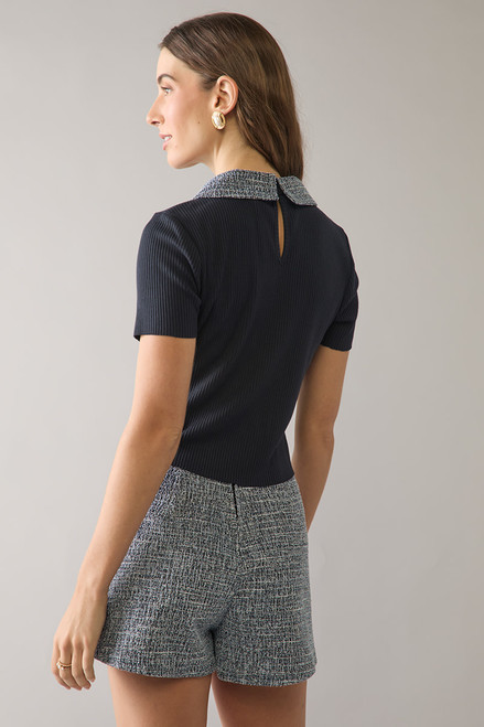 Holly Rib Knit Tweed Collar Short Sleeve Top
