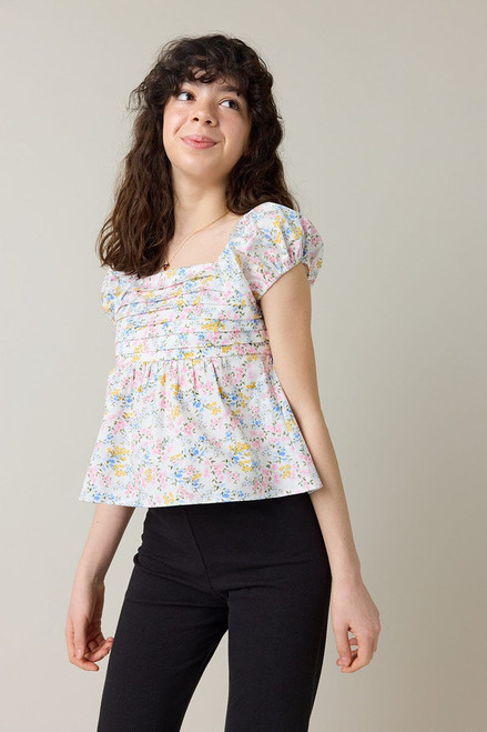 Hello Franki Floral Pleated Bodice Top for girls