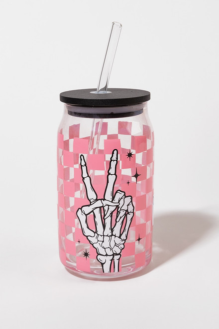 Skeleton Peace Sign Checkered Glass Can Jar