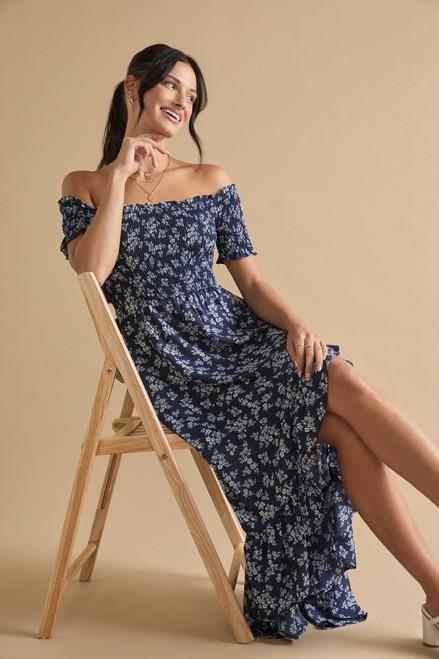 トップス OFF-SHOULDER CAMI TUNIC (NAVY FLOWER) Perdita Smocked Top Off Shoulder Floral Maxi Dress