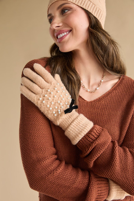 Alison Pearl And Bow Embellished Gloves