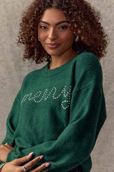 Merry Embellished Script Pullover Sweater