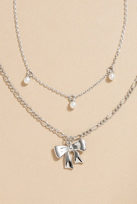 Lucile Silver Bow Pendant Layered Necklace