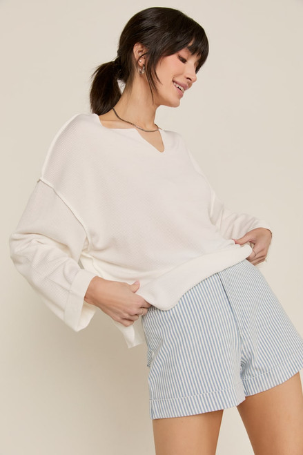 Claire Slouchy Fit Notch Neck Long Sleeve Top Ivory