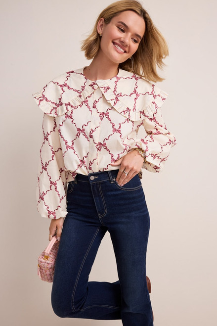 Gina Ribbon Print Bib Collar Blouse