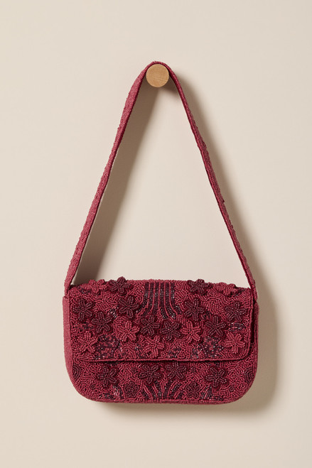 Emily Rosette Beaded Shoulder Bag Burgundy