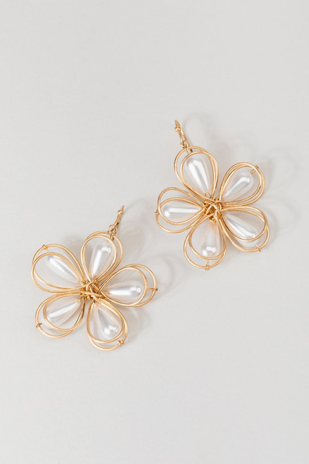Daphine Metal Flower Pearl Drop Earrings