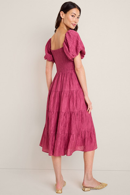 Stacey Puff Sleeve Smocked Rose Midi Dress