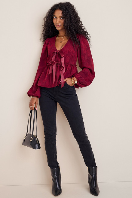 Francesca's Erica Bow Front Jacquard Blouse | Pacific City