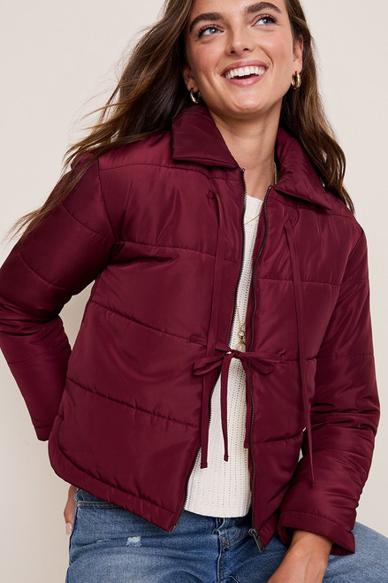 Avery Tie Front Burgundy Puffer Jacket