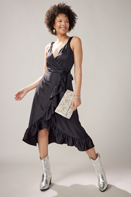 Audrey Satin Ruffle Wrap Midi Dress