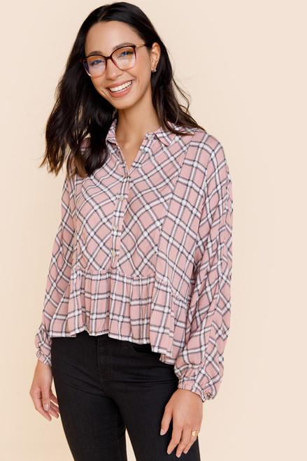 Emilie Button Front Plaid Peplum Top