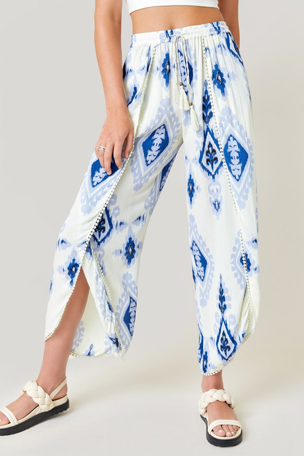 Crystal Front Tie Medallion Print Pants