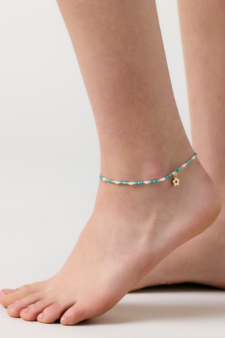 Kyleigh Flower Charm Pearl Station Anklet