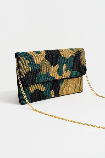 Sage Beaded Camo Print Clutch