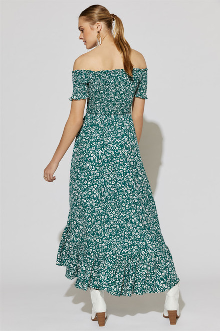 Norah Green Ditsy Floral Off The Shoulder Maxi Dress