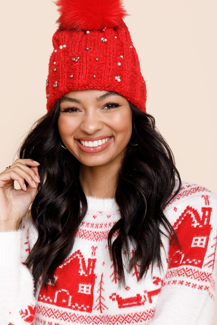 Alexis Cable Knit Pearl Embellished Beanie