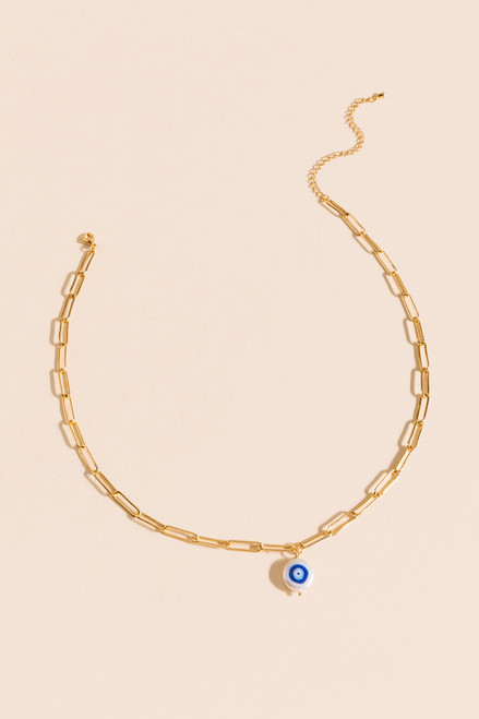 Jessa Evil Eye Pearl Paperclip Necklace