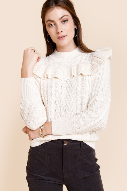 Astor Cable Ruffled Pullover Sweater