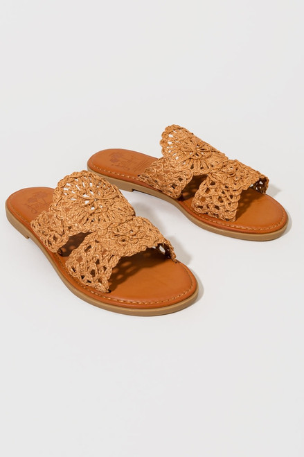 Jellypop Tan Tamina Raffia Crochet Slide Sandals