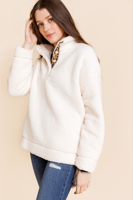 Roxie Leopard Trim Henley Pullover Sweater