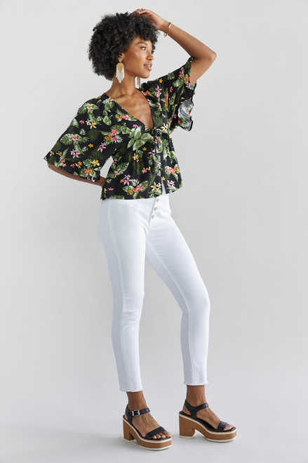 Sophiee Ruffle Sleeve Tie Front Palm Printed Blouse